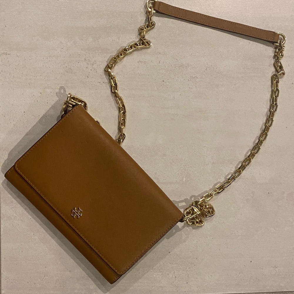 Tory Burch Tan Leather Crossbody Bag with Gold Chain
